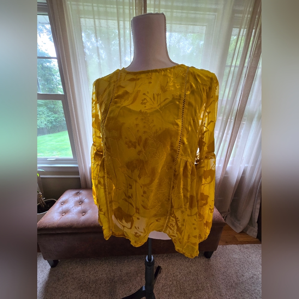 Anthropologie Sheer Yellow Floral Long-Sleeve Blouse